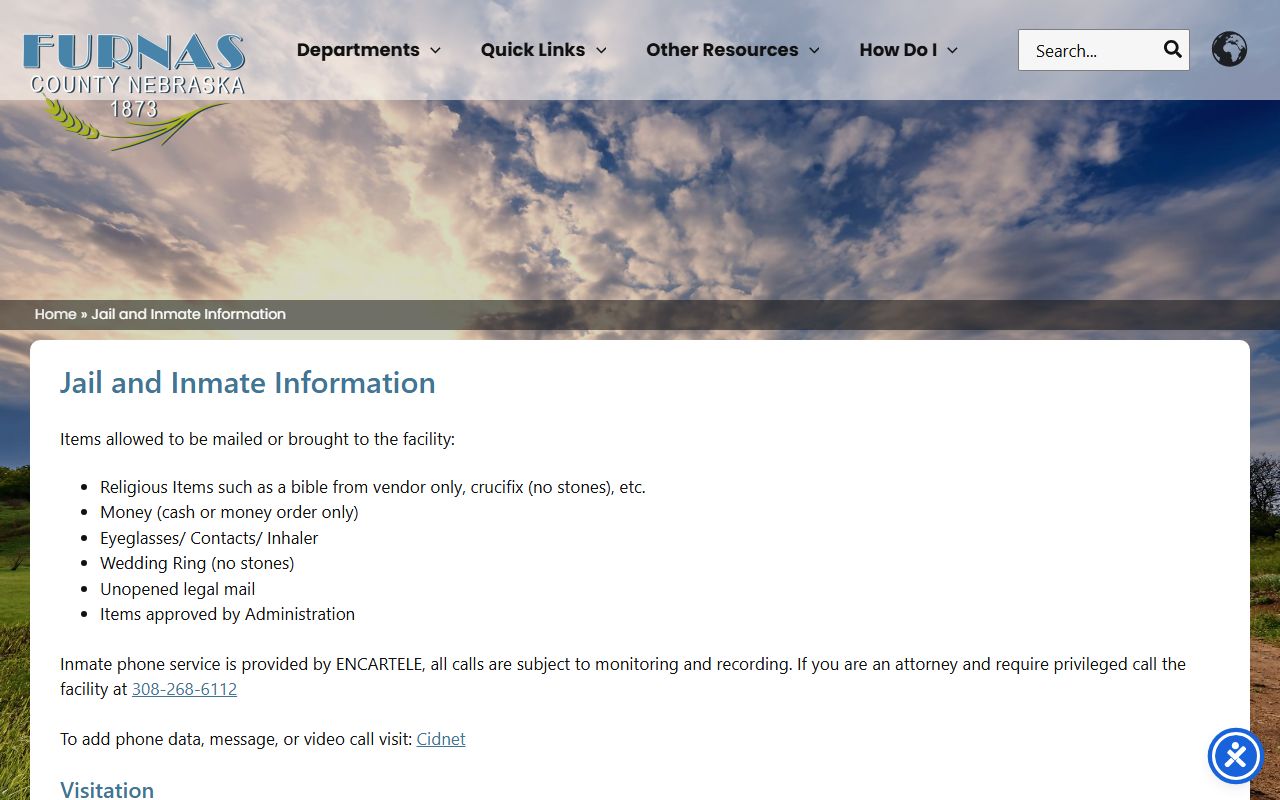Furnas County jail inmate information rules page